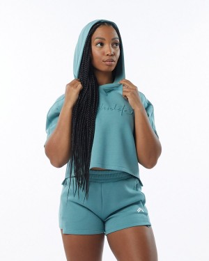 Alphalete ELMTS Half Sleeve Hoodie Naisten Huppari Teal | VRFLD-2641