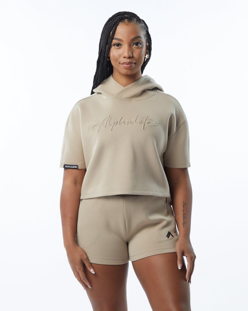 Alphalete ELMTS Half Sleeve Hoodie Naisten Huppari Tan | VIWEY-3907