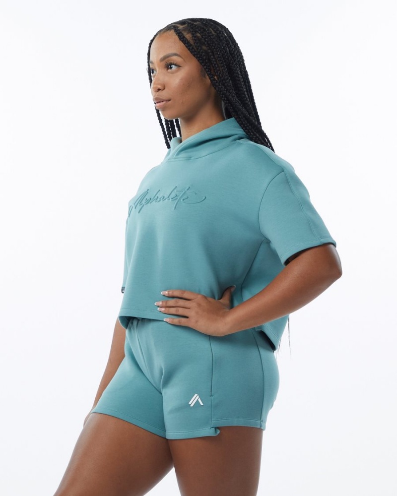 Alphalete ELMTS Half Sleeve Hoodie Naisten Huppari Teal | VRFLD-2641