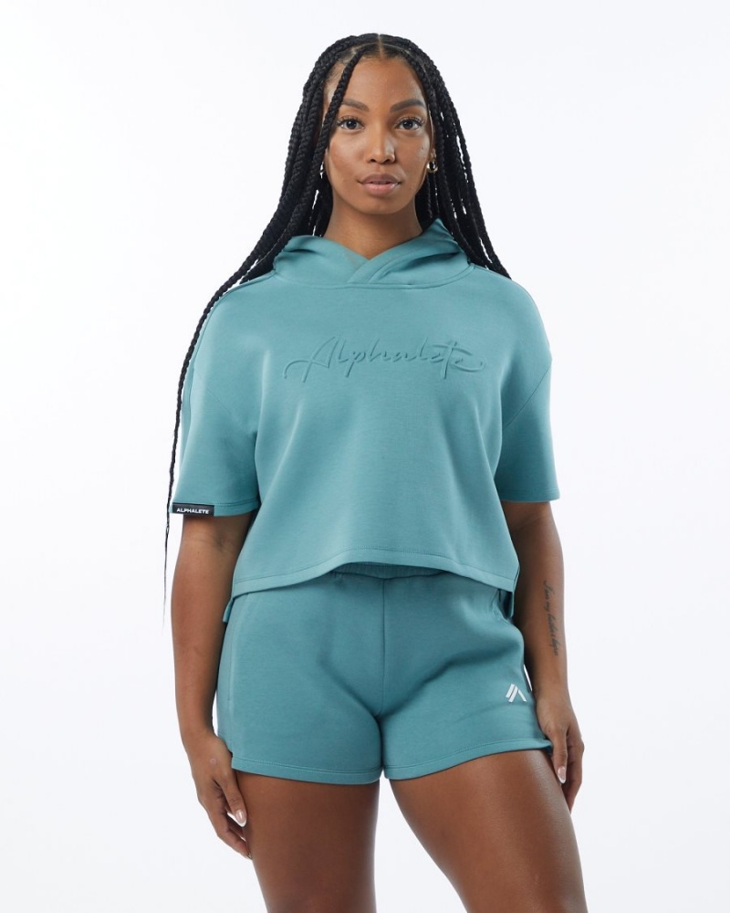 Alphalete ELMTS Half Sleeve Hoodie Naisten Huppari Teal | VRFLD-2641