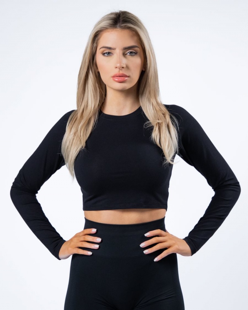 Alphalete Evo Long Sleeve Crop Naisten Pitkähihainen Mustat | ATNYM-4375