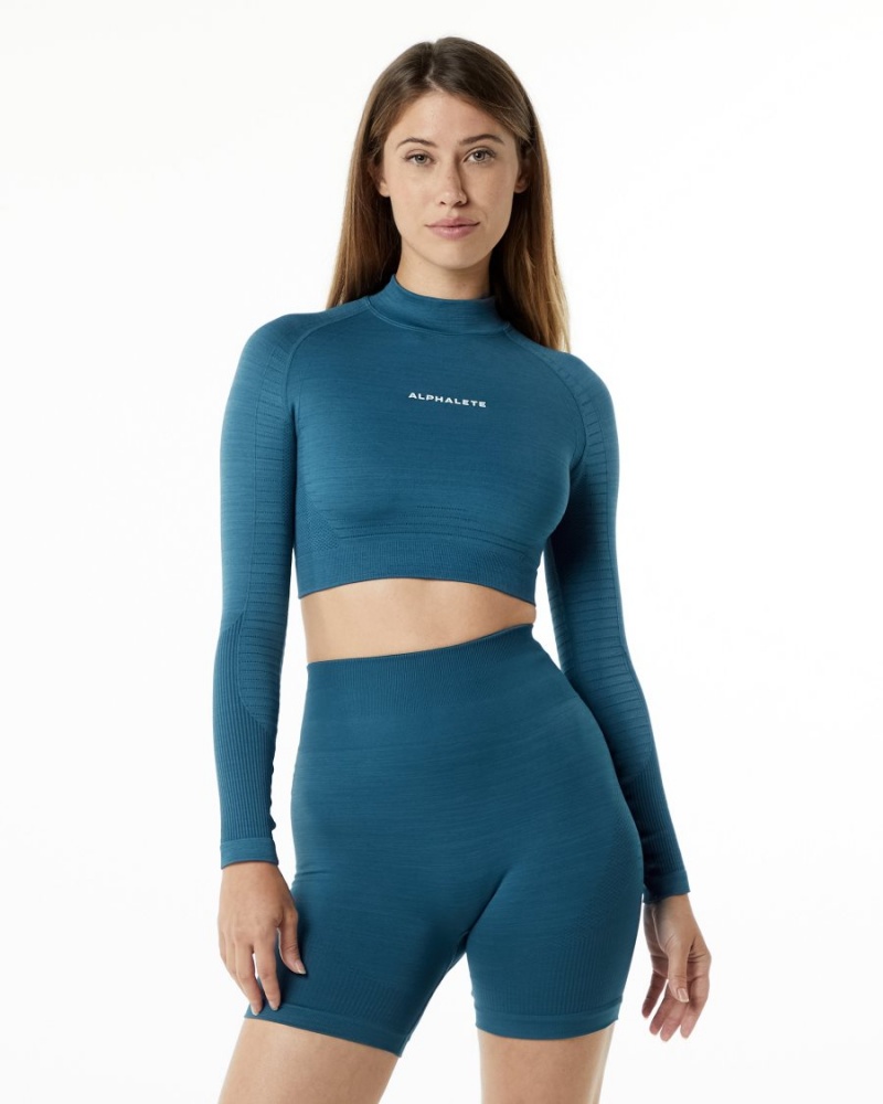 Alphalete Ozone High Neck LS Crop Naisten Pitkähihainen Sininen | OHWIC-7041