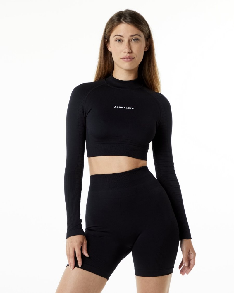 Alphalete Ozone High Neck LS Crop Naisten Pitkähihainen Mustat | ZLXEW-3219