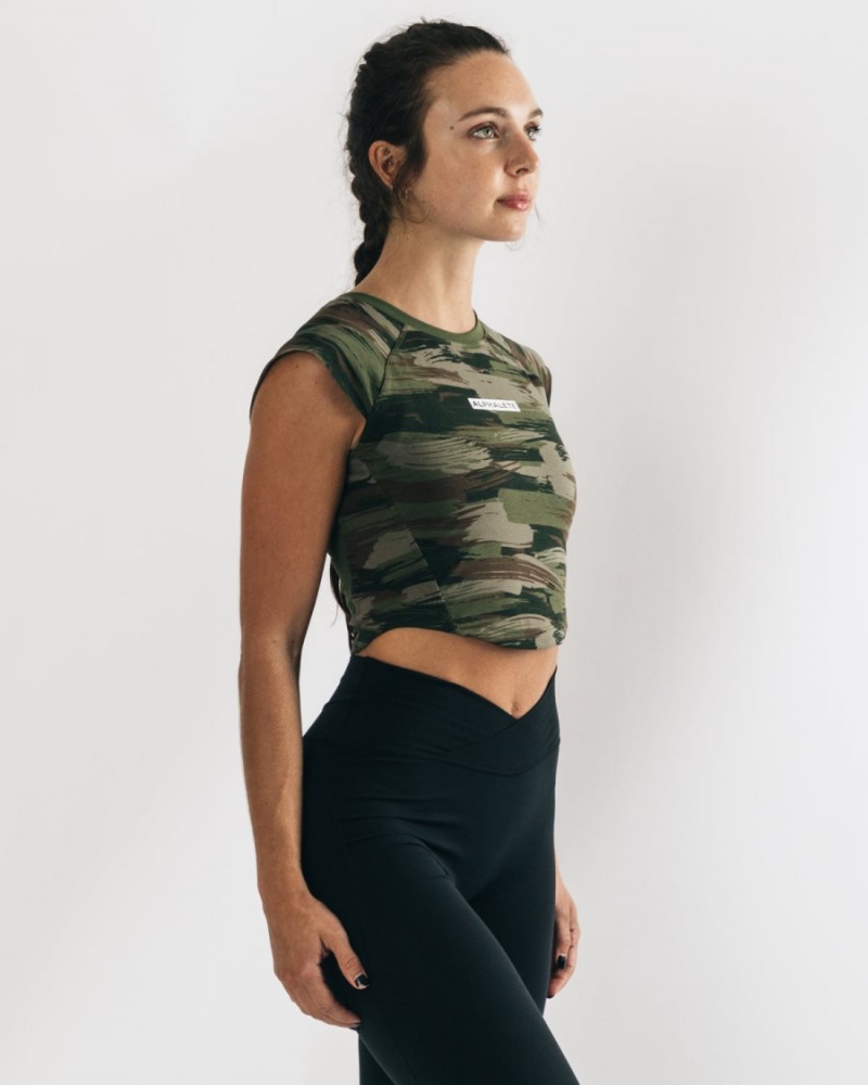 Alphalete Velocity Crop Tee Naisten Paidat Oliivinvihreä Camo | CMZKB-1573