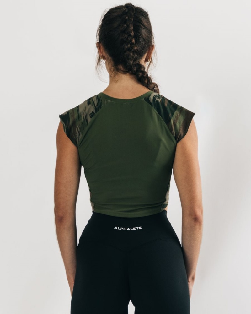 Alphalete Velocity Crop Tee Naisten Paidat Oliivinvihreä Camo | CMZKB-1573