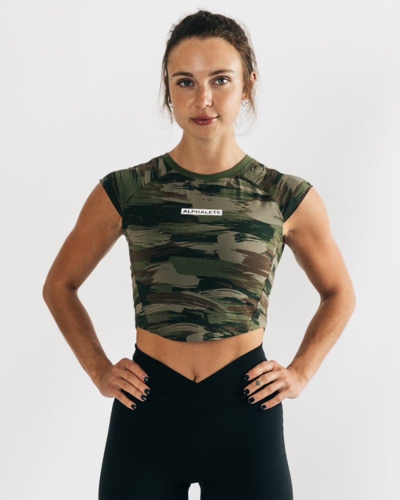 Alphalete Velocity Crop Tee Naisten Paidat Oliivinvihreä Camo | CMZKB-1573