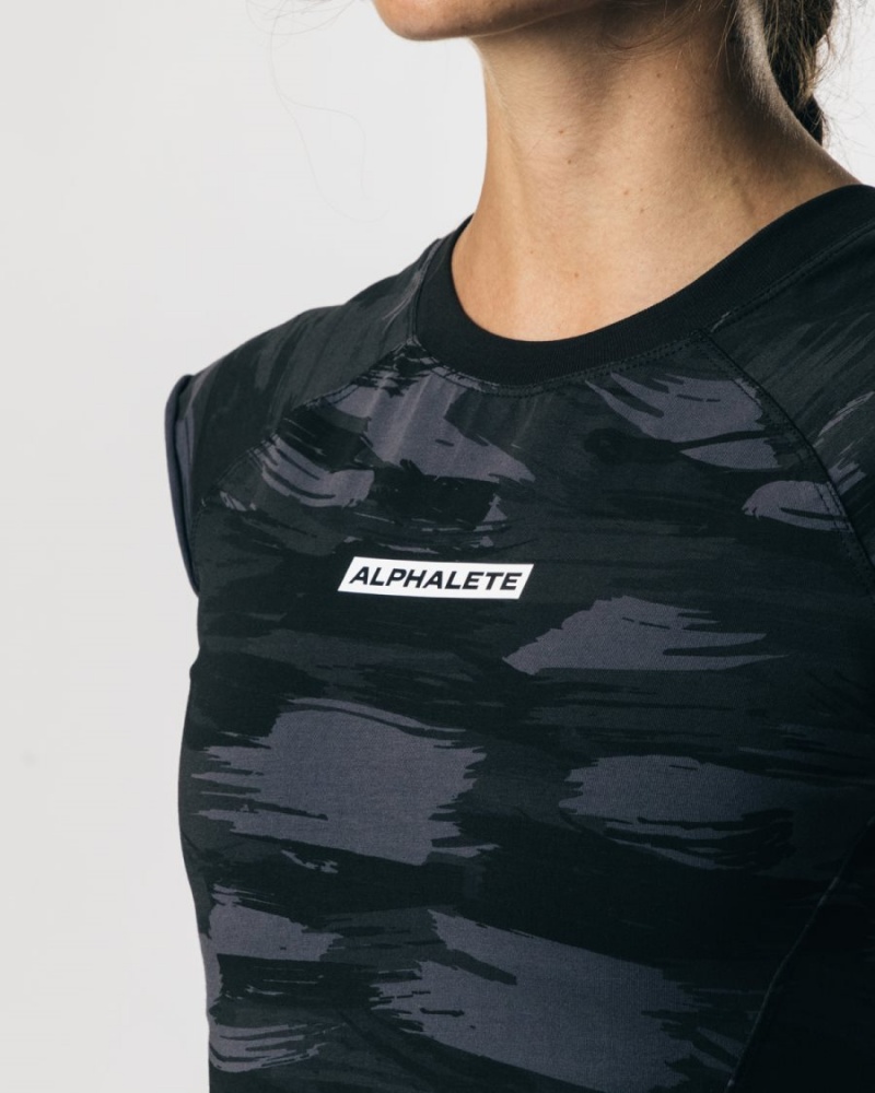 Alphalete Velocity Crop Tee Naisten Paidat Mustat Camo | GJLKB-0346